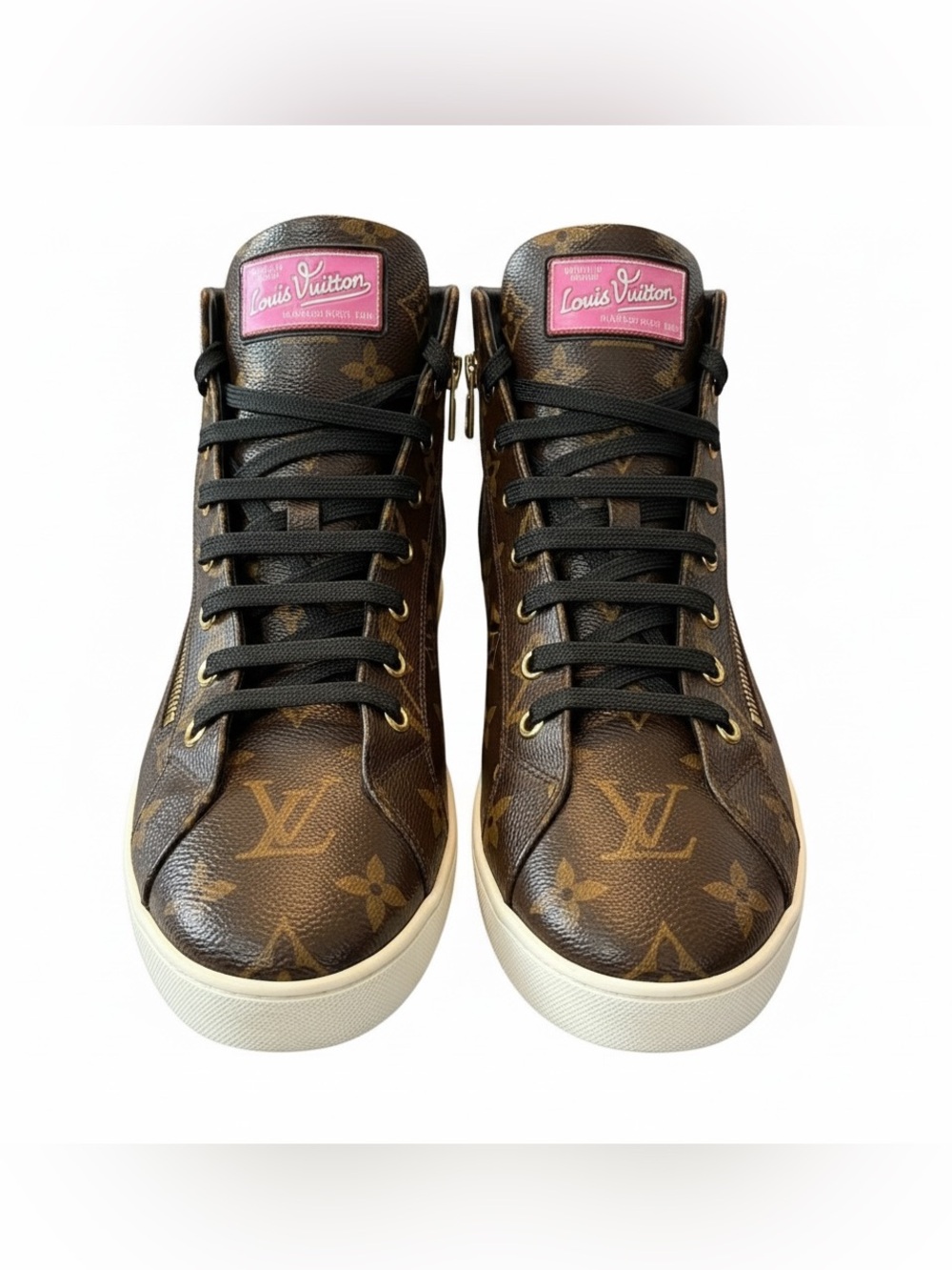 Louis Vuitton Brown Monogram High-Top Sneakers with Pink Logo Patch